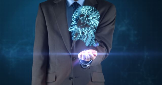 Businessman presents futuristic AI brain concept in office - Download Free Stock Photos Pikwizard.com