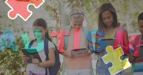 Children with Tablets Surrounded by Autism Awareness Symbols - Download Free Stock Images Pikwizard.com
