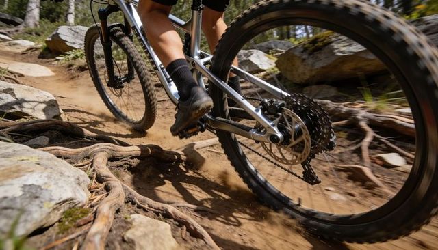 Mountain biker powering through rocky singletrack, rear wheel kicking up dust