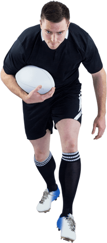 Transparent male rugby player running with rugby ball