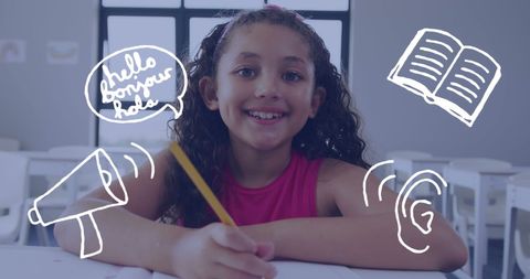 Happy biracial schoolgirl exploring language and communication