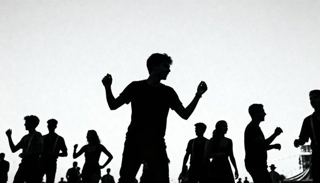Silhouetted crowd dancing at outdoor sunset festival with central male figure raising arms