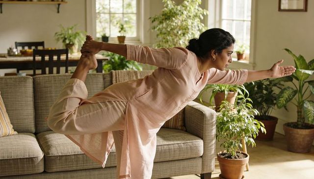 Indian woman practicing yoga balance pose in sunlit living room with sofa and plants
