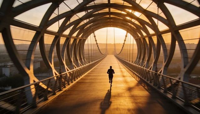 Solo runner moving through sunlit tubular arch bridge at golden hour silhouette