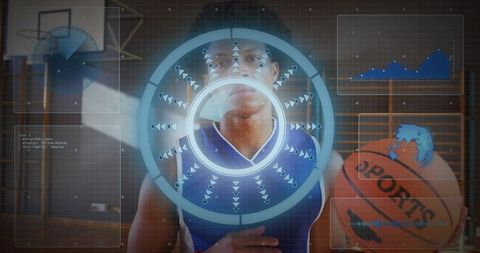 Basketball athlete with augmented reality hud overlay tracking performance on court