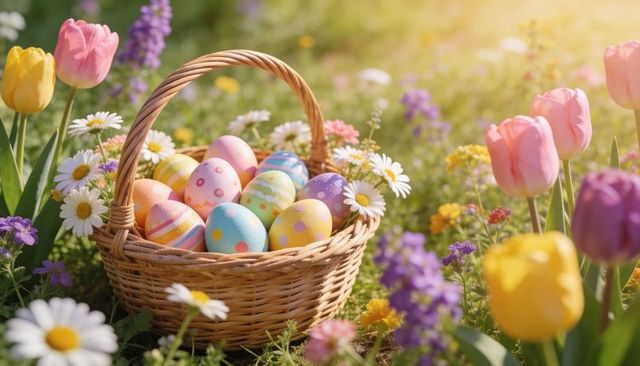 Wicker basket holding pastel easter eggs nestled in spring meadow with tulips and daisies