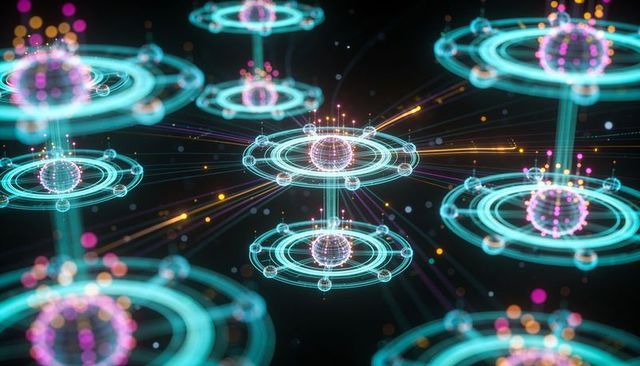 Holographic network nodes pulsing with neon rings, particle streams and digital spheres