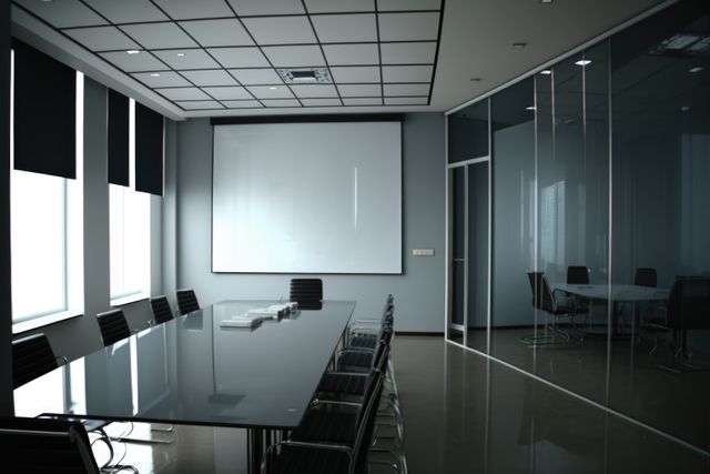 Sleek and modern conference room featuring glass walls, a long table, and a projector screen. The room is empty, suggesting readiness for a corporate meeting, presentation, or business discussion. Ideal for depicting professional settings, corporate culture, office environments, and business-related themes.