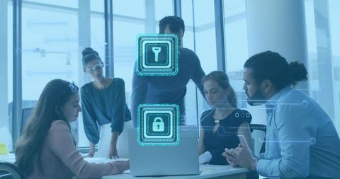 Diverse Team Collaborating Over Laptop with Cybersecurity Icons in Modern Office