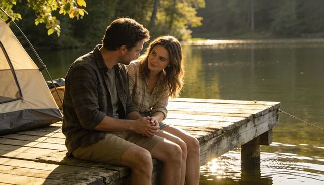 Couple sharing quiet sunset moment on lakeside dock during camping trip