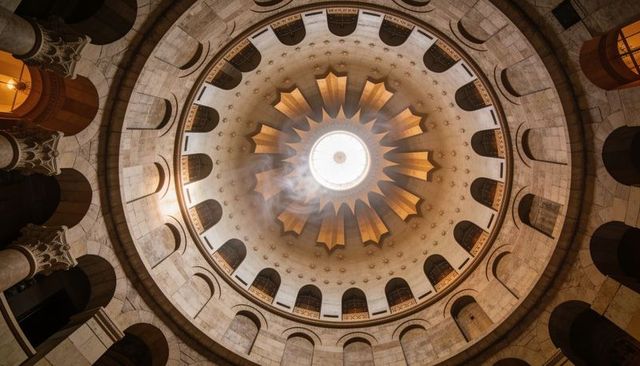 Sunlit domed rotunda with radial ribs and oculus, incense plume drifting in amber light