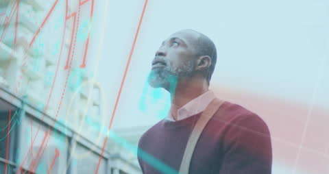 Businessman Analyzing Financial Data Overlay in Urban Setting