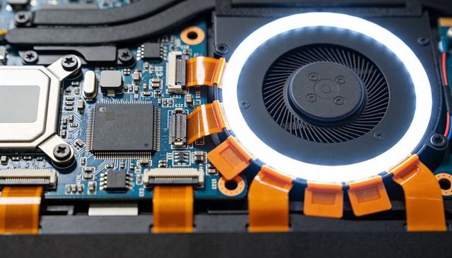 Showing laptop motherboard with glowing led cooling fan, flex ribbon cables and chips