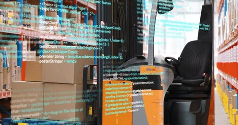 Orange electric pallet jack with seat in warehouse aisle with augmented code overlay