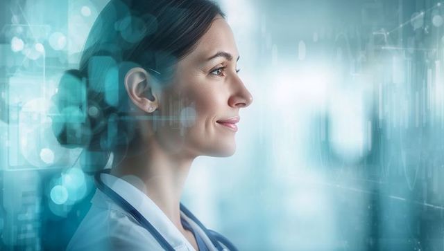 Female doctor reviewing digital patient data hud in futuristic medical clinic profile