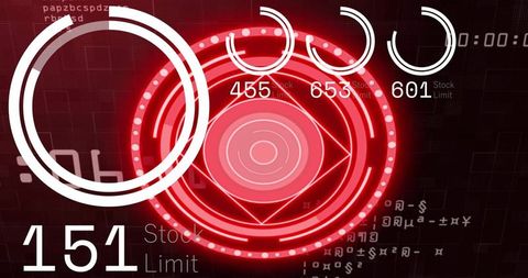 Futuristic Red HUD Dashboard with Concentric Rings, Progress Circles and Numeric Readouts