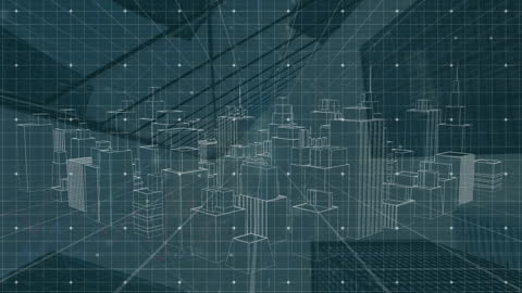 3D Wireframe Cityscape with Grid Overlay and Digital Connections