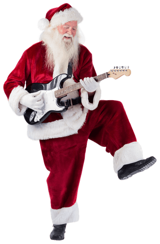 Transparent santa claus playing electric guitar joyfully