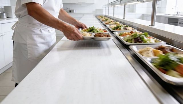 Cafeteria worker sliding plated meals along stainless serving counter in commercial kitchen