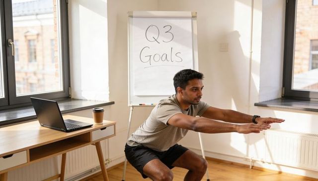 Man squatting during quick home office workout beside q3 goals flip chart and laptop