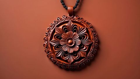Artisan crafted sandalwood pendant with floral design