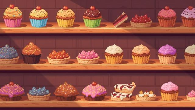 Pixel-art pastry display on rustic brick shelves featuring colorful cupcakes and tarts