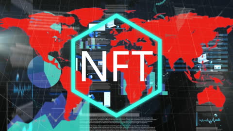 NFT Concept with Digital Data Overlay on World Map Background