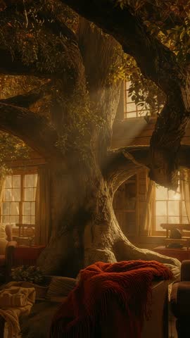Sunlit rustic living room with giant indoor tree trunk and moving sunbeams — vertical