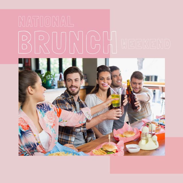 Composition of national brunch weekend text over caucasian friends having dinner. National brunch weekend and celebration concept digitally generated image.