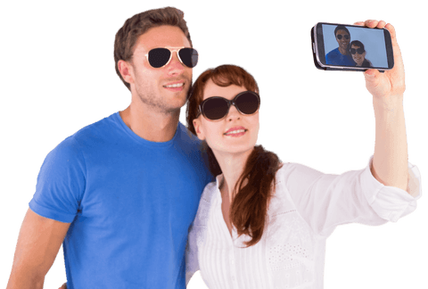 Joyful Couple in Sunglasses Taking Selfie with Transparent Background
