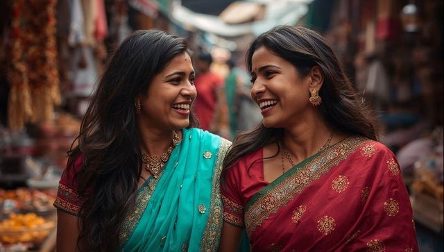 Smiling South Asian Women in Colorful Saris at Marketplace