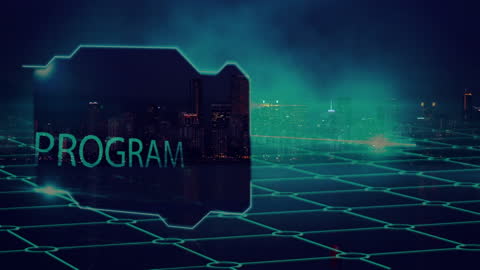 Digital Grid Showing Program Data Over Cityscape Background