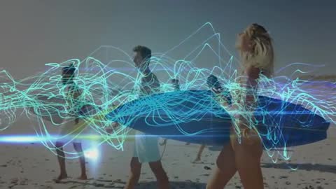 Surfers Carrying Boards with Dynamic Tech Lines on Beach