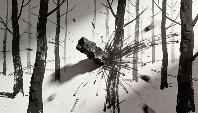 Charred wood fragment colliding with ink forest mural, monochrome brush explosion