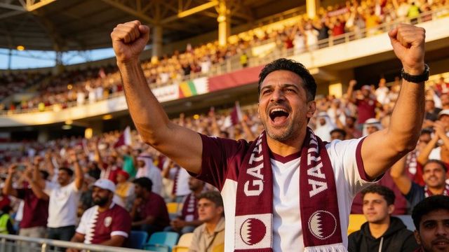Middle eastern football fan cheering with raised fists wearing qatar scarf in stadium crowd