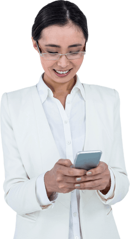 transparent businesswoman smiling at phone in formal wear - Download Free Stock Videos Pikwizard.com