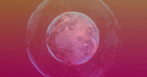 Rotating digital globe with pulsating rings and node mesh on orange-magenta glow gradient
