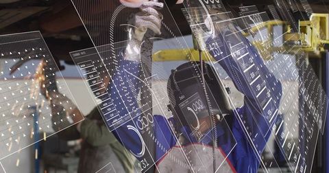Welder operating torch with augmented reality overlays for industrial metal fabrication