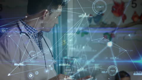 Doctor Interacting with Digital Healthcare Data Visuals