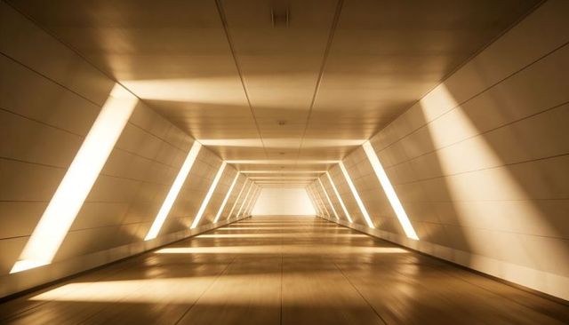 Futuristic transit corridor featuring angled light panels and reflective floor