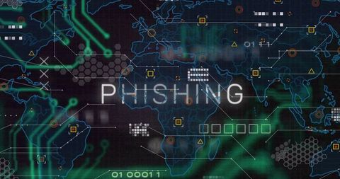 Global phishing warning displaying neon cybersecurity network overlay on world map