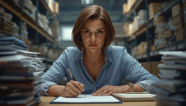 Businesswoman annotating documents in office storage