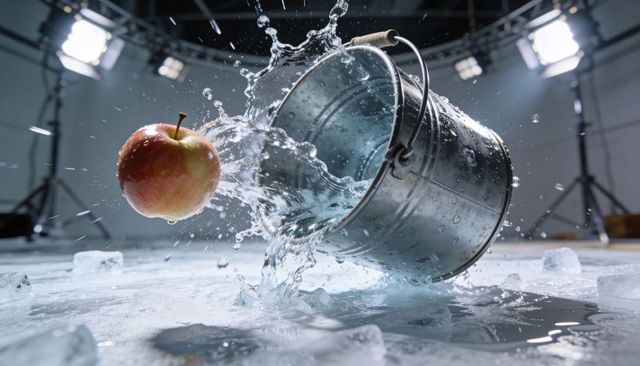 Tipping metal bucket splashing water with floating apple on icy floor high-speed studio