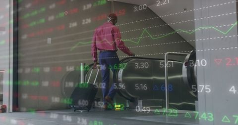 Businessman with Suitcase Analyzing Stock Market Data