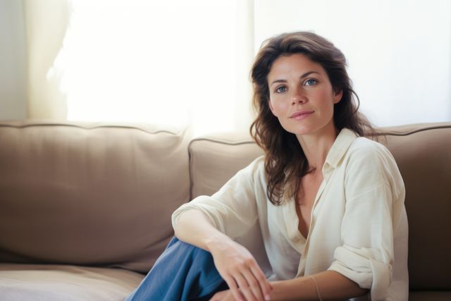 Portrait of caucasian woman with brown hair on sofa, created using generative ai technology - Download Free Stock Photos Pikwizard.com