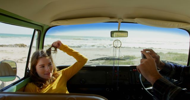 Young Woman Relaxing in Van by the Beach with Friend Taking Photo - Download Free Stock Images Pikwizard.com