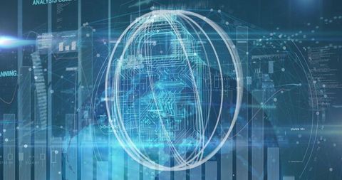 Futuristic digital interface with circuit and data visualizations