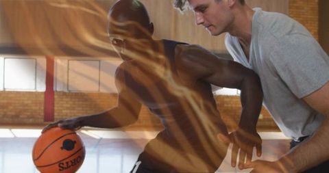 Basketball players compete intense training game indoors