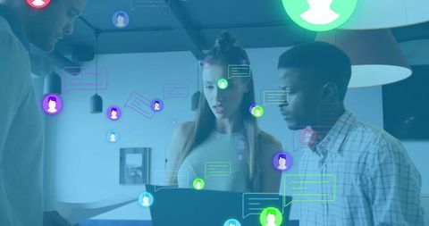 Team collaborating on laptop with digital communication icons