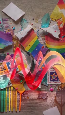 Vertical video: Emerging colorful wave sweeping across mixed media studio desk